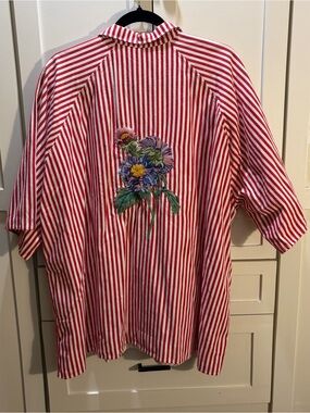 Péro Red & White Striped Embroidered Floral Button Down Shirt 42 10 L cotton